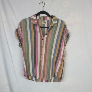 Marine Layer Striped Short Sleeve Button-Down in Pink, Green, Blue, Yellow